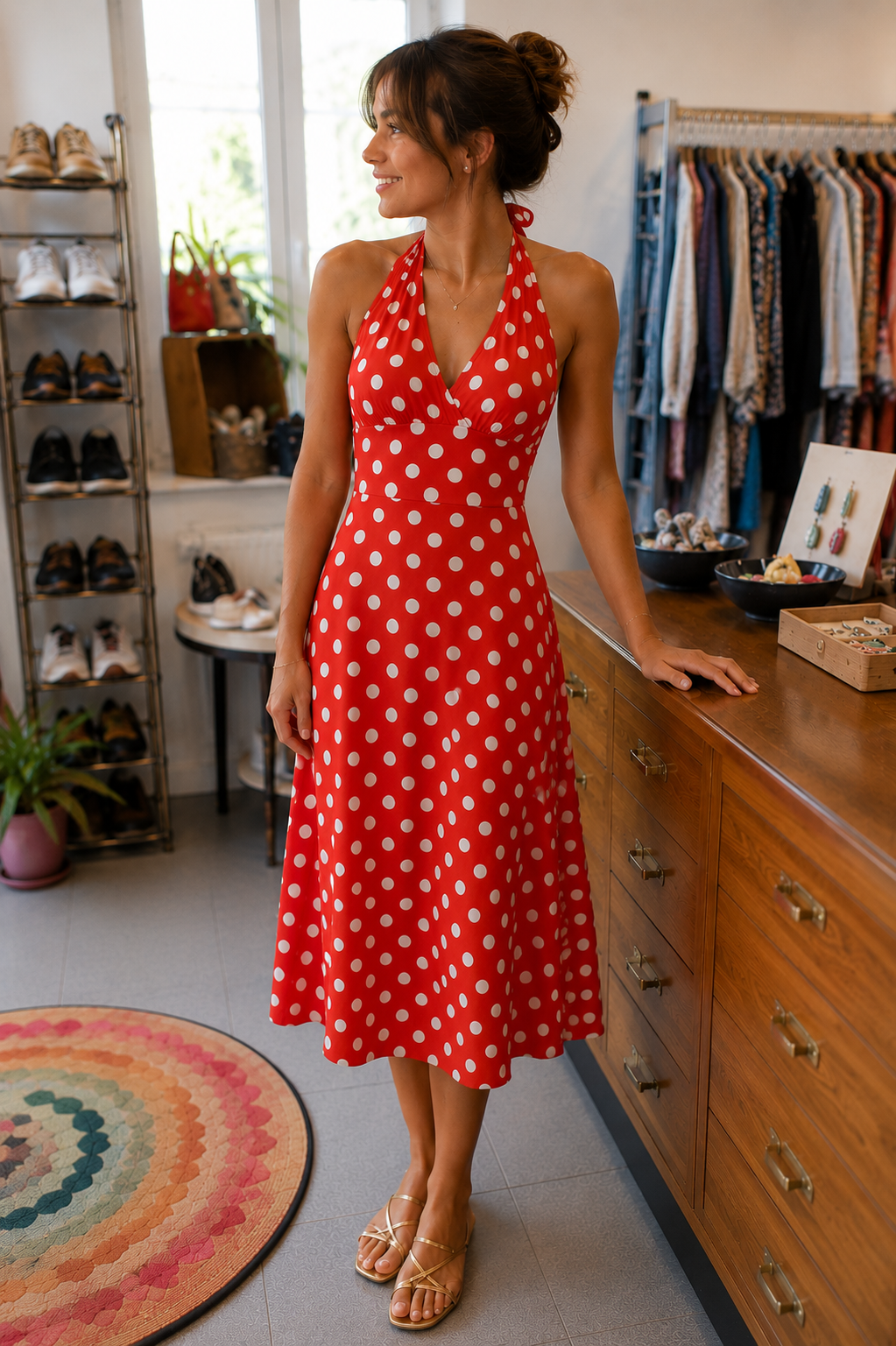 Robe dos nu rouge à pois blancs